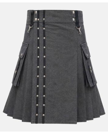 Men’s Black Denim Utility Kilt with Cargo Pocket Studded Front Apron