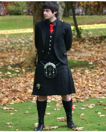 Black Plain  With Black Jacket & Vest Tartan Kilt Outfit