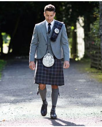Grey Tweed Jacket Kilt Outfit 