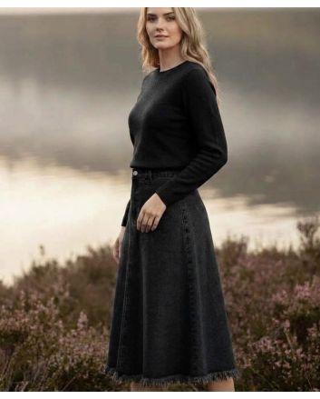 Women’s Denim A Line Midi Skirt, High Waist Black Jean Skirt