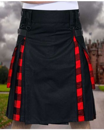 Hybrid Black Cotton & Rob Roy Tartan Utility Kilt For Men With Leather Strap