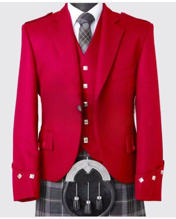 Red Wool Argyle Kilt Jacket & 5 Buttons Waistcoat