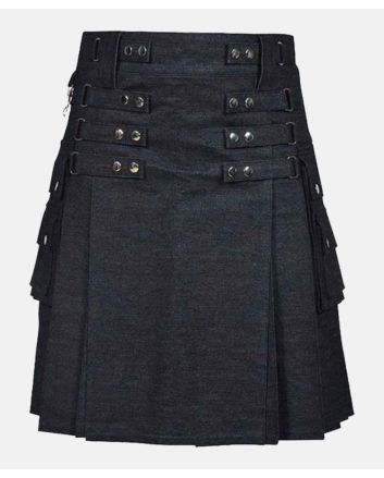 Scottish Modern Black Denim Utility Kilt For Men’s