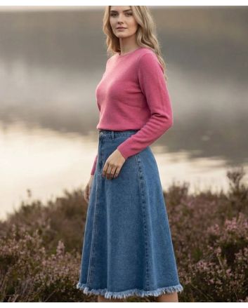 Women’s Denim A Line Midi Skirt, High Waist Blue Jean Skirt