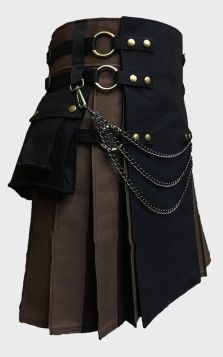 Black And Brown Cotton Utility Kilt With Cargo Pocket