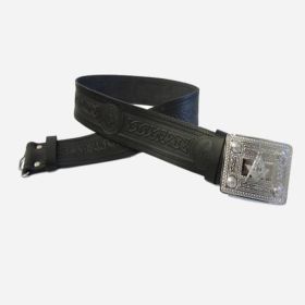 Black Leather Adjustable Kilt Belt with Celtic Buckle For Sale