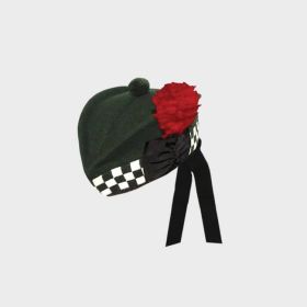 Black And  White Diced Army Glengarry Hat With Red Pom