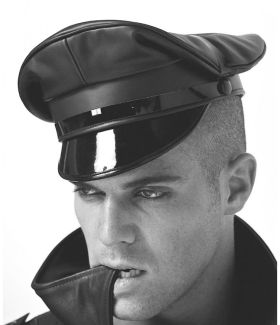 Black Peaked Leather Military Officer Cap   
