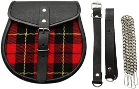 Red And Black Plaid Scottish Celtic Highlander Sporran with Chain and Belt