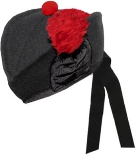 Plain Black Scottish Glengarry Cap with Red Pop Pom