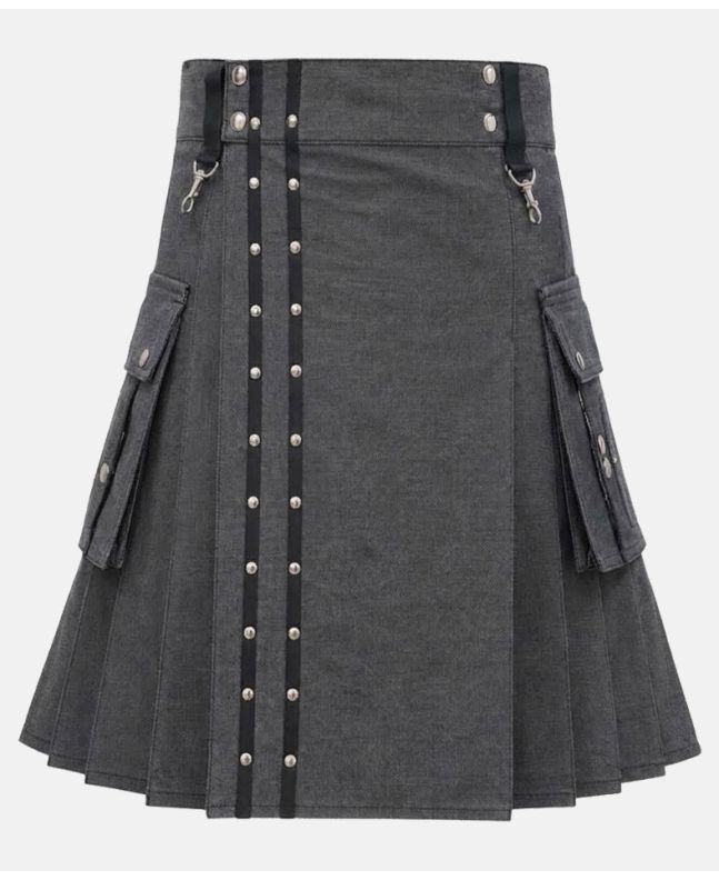 Men’s Black Denim Utility Kilt with Cargo Pocket Studded Front Apron
