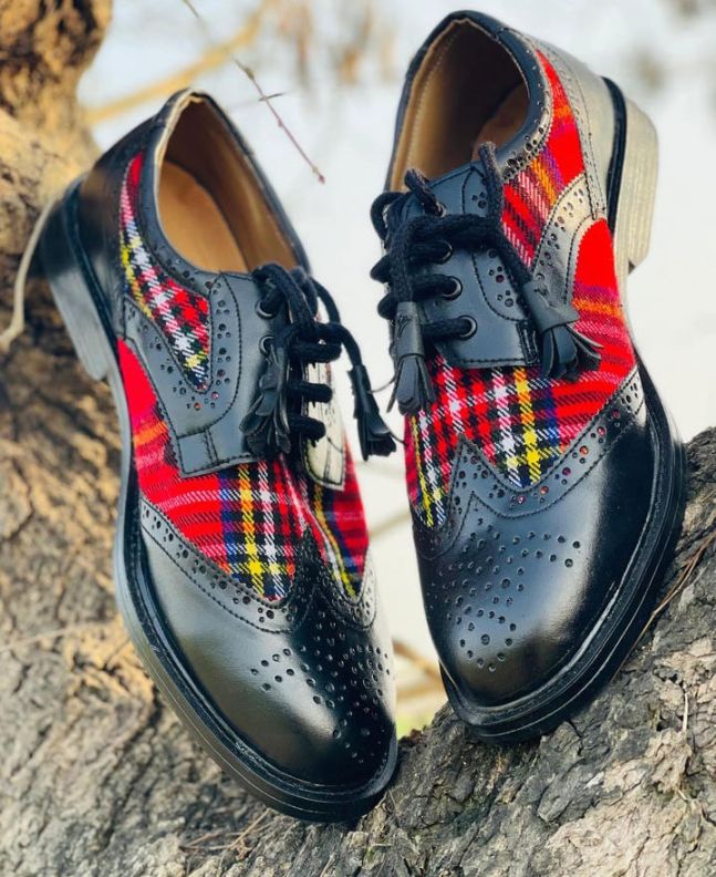 Black Leather Matching Tartan Leather Ghillie Shoes