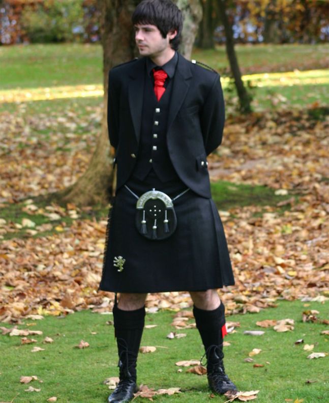 Black Plain  With Black Jacket & Vest Tartan Kilt Outfit