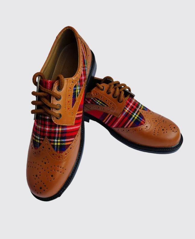Brown Leather Matching Tartan Ghillie Shoes