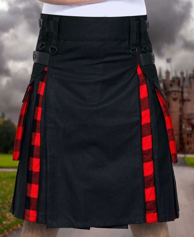 Hybrid Black Cotton & Rob Roy Tartan Utility Kilt For Men With Leather Strap