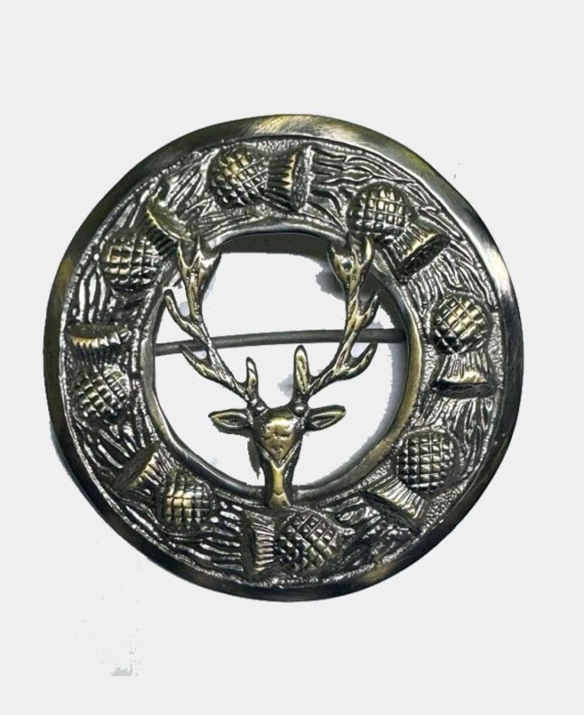 Scottish Kilt Plaid Stag Head  Antique Brooch