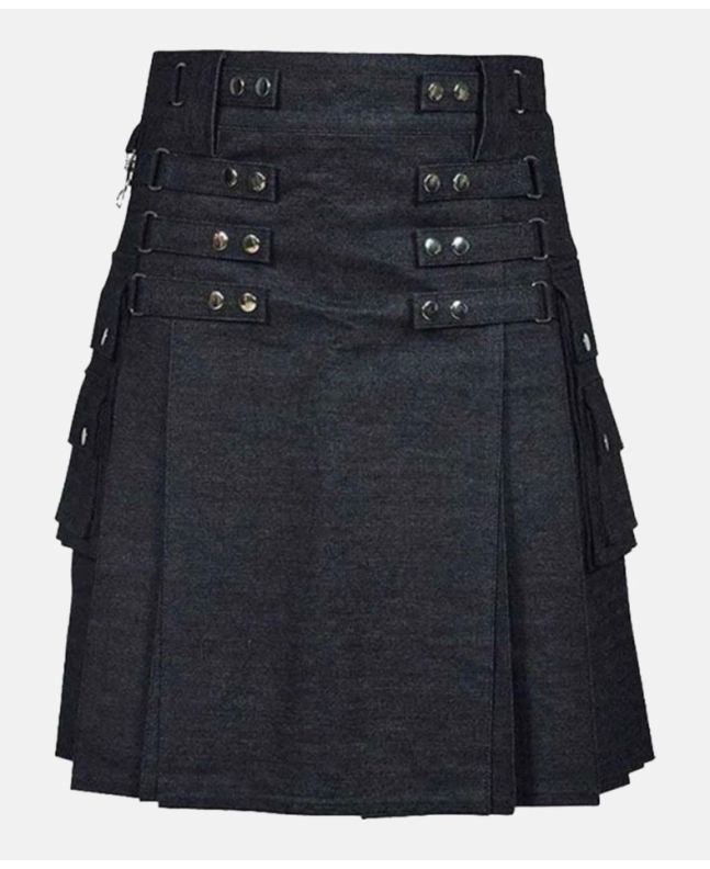Scottish Modern Black Denim Utility Kilt For Men’s