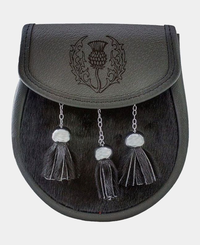 Semi Dress Sporran Grey Leather Embossed Thistle